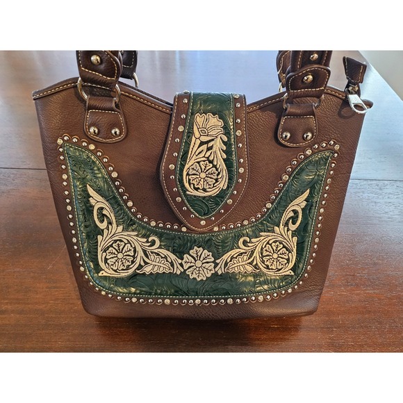 Montana West Handbags - Montana West Buckle Shoulder Tote Purse Concealed Carry Rhinestones Brown Green